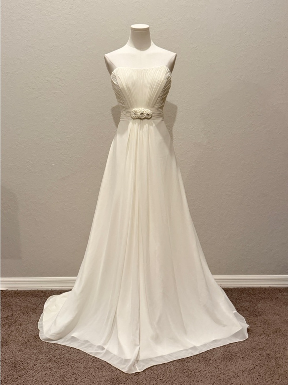 David's Bridal Strapless Ivory Chiffon A-Line Gown with Floral Waist